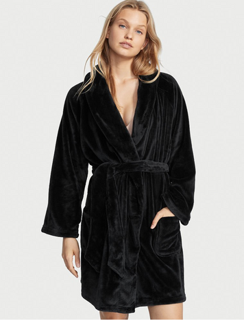 Черный плюшевый халат Victoria’s Secret Logo Short Cozy Robe, M\L