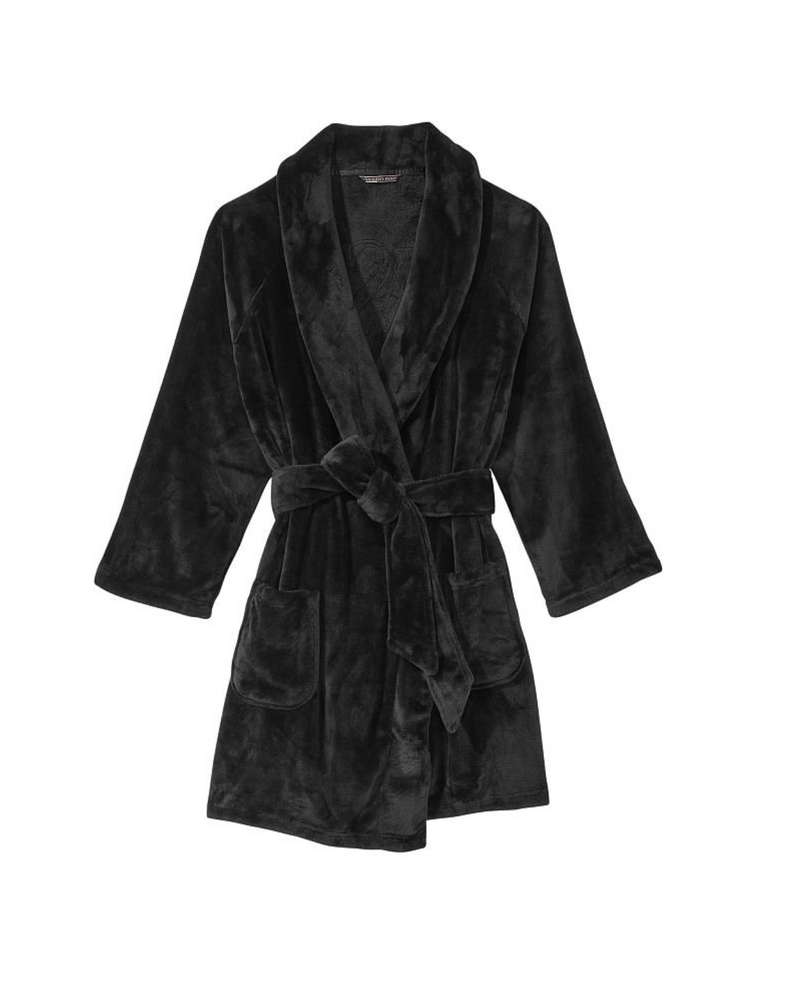 Чорний плюшевий халат Victoria’s Secret Logo Short Cozy Robe, M\L