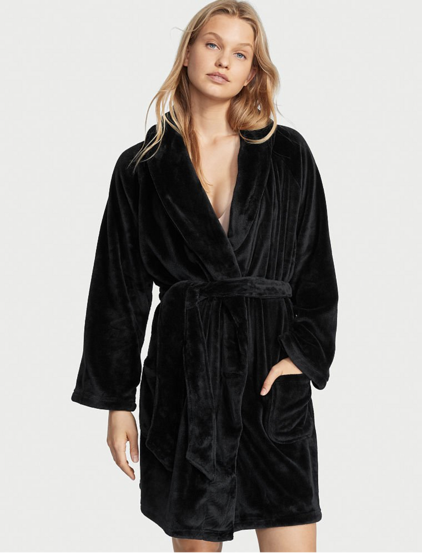 Чорний плюшевий халат Victoria’s Secret Logo Short Cozy Robe, M\L