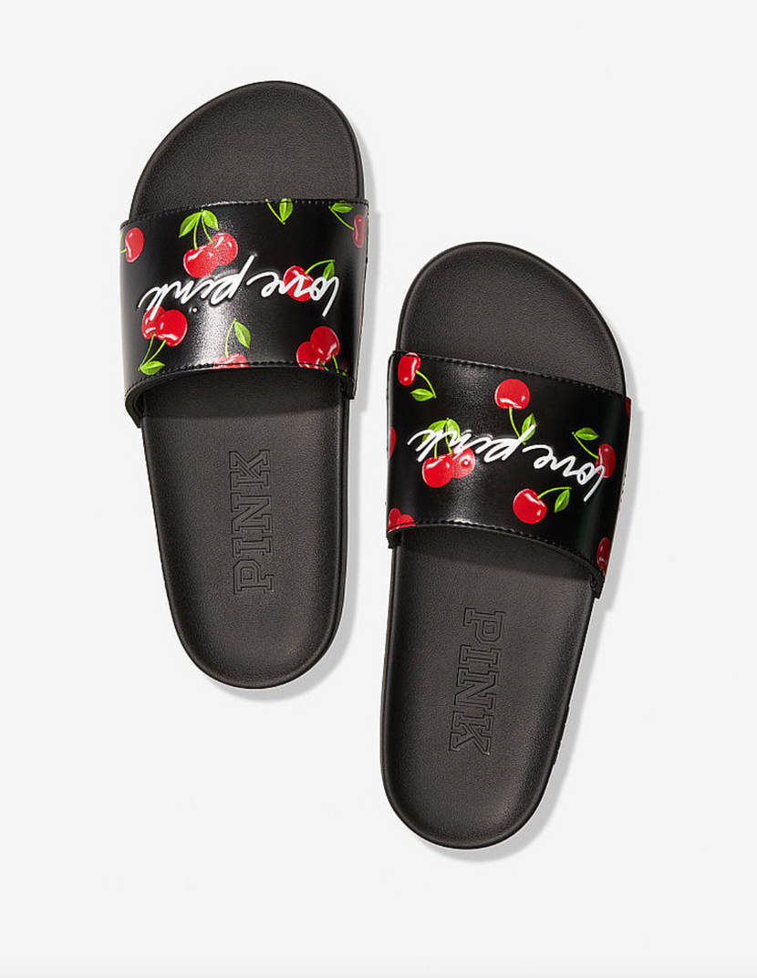 Чорні з вишнями пляжні шльопанці Victoria’s Secret Pink Single Strap Slides Sandals, S