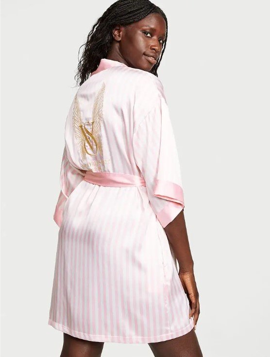 Розовый атласный халат в полоску Victoria's Secret Flounce Robe, XS\S