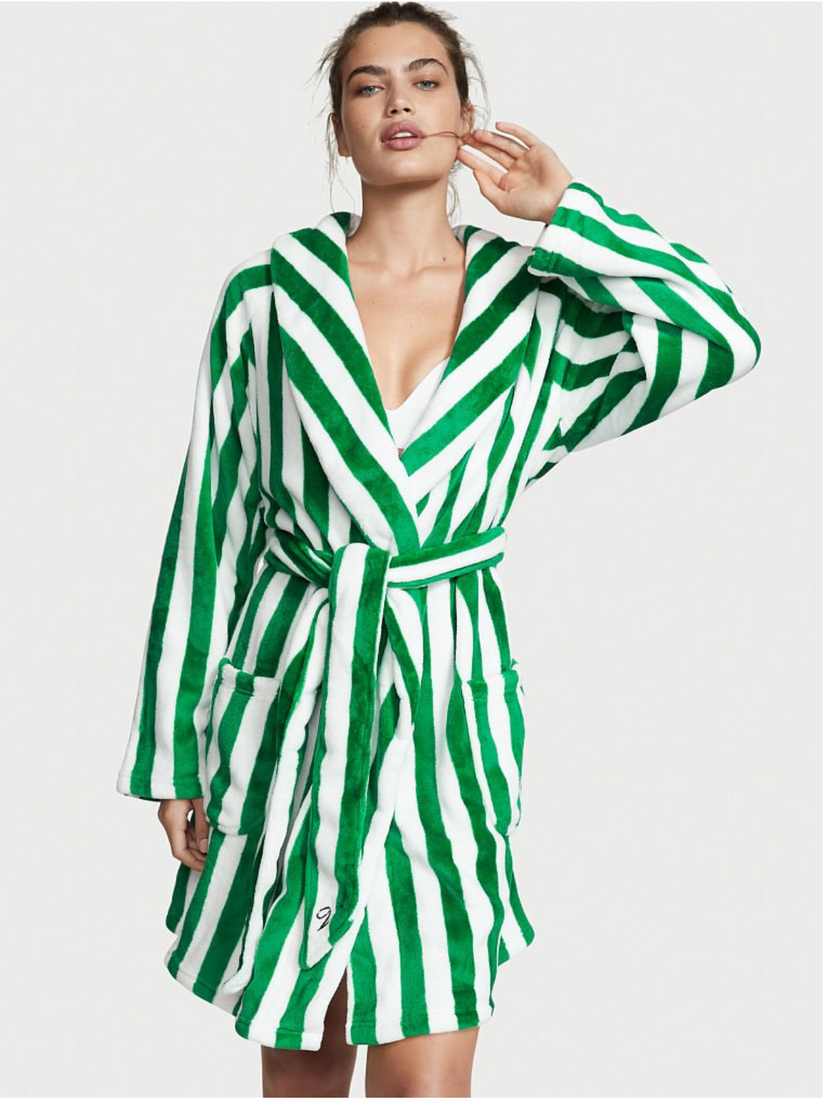 Зеленый плюшевый халат в полоску Victoria's Secret Logo Short Cozy Robe, XS\S