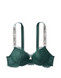Зеленый кружевной комплект белья со стразами Victoria’s Secret Embelished Strap Crystal Logo, 34B, XS
