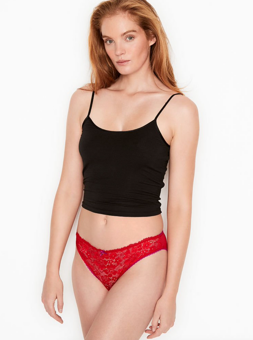 Жіночі червоні трусики з мереживом Victoria's Secret Lace Front Bikini Panty, XS
