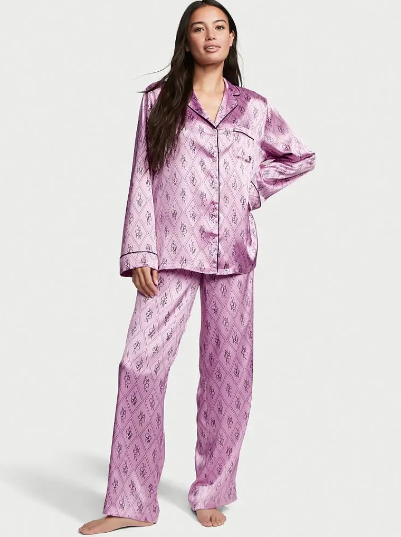 Сатиновая пижама Victoria's Secret The Satin Long PJ Set Pink Monogram, XS