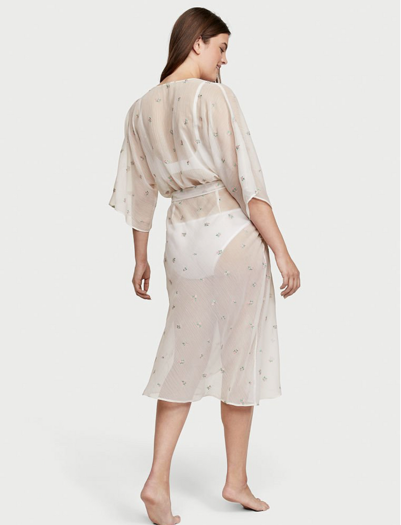 Белый халат с вышивкой Victoria's Secret Sheer Long Embroidered Robe, XS\S