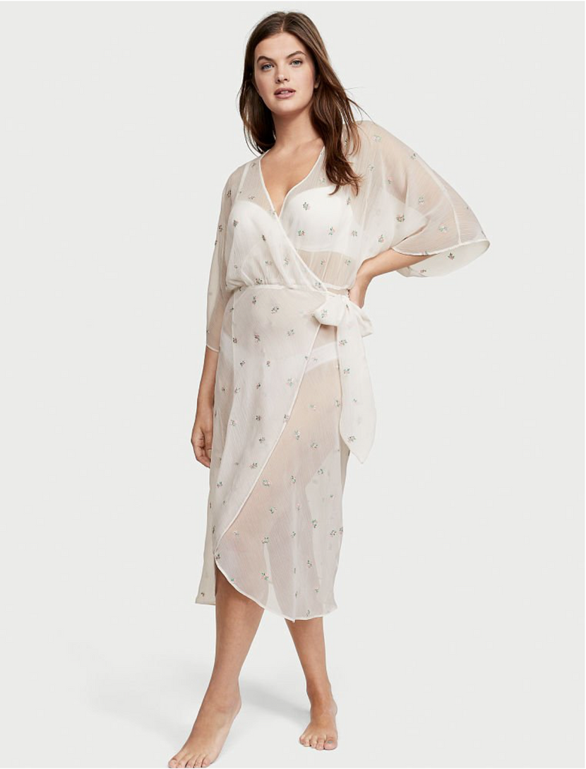 Белый халат с вышивкой Victoria's Secret Sheer Long Embroidered Robe, XS\S