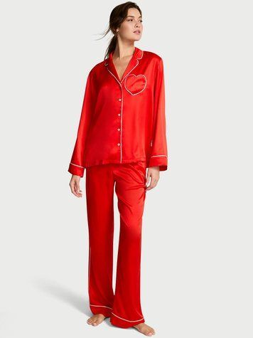Сатинова піжама Glazed Satin Heart Long Pajama Set Victoria's Secret рожевий