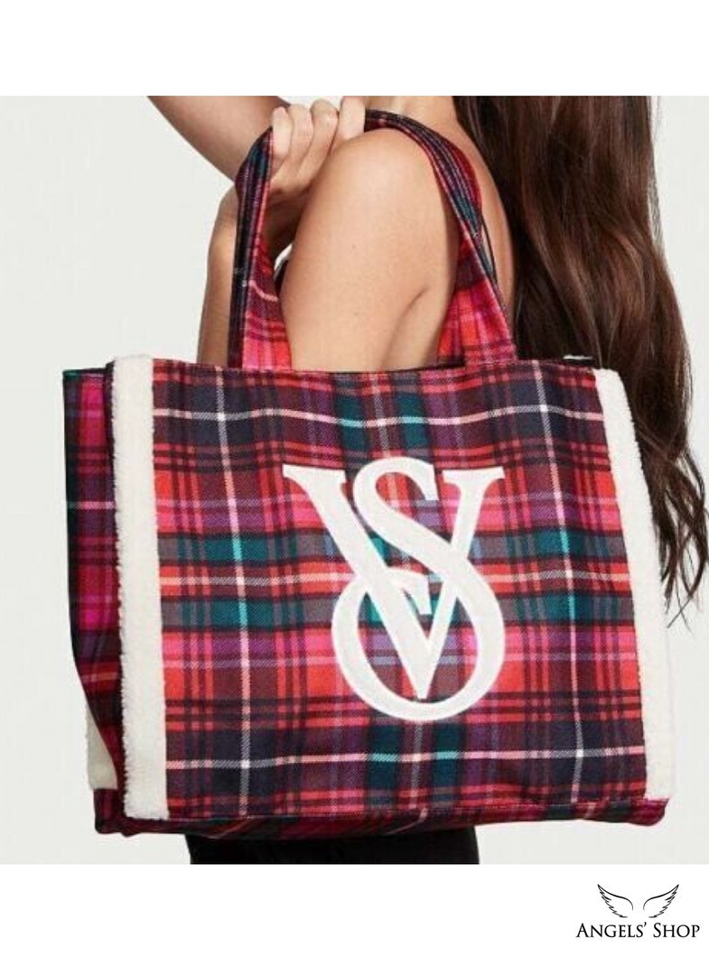 Яскрава сумка у клітинку Victoria&rsquo;s Secret Cozy Plush Fleese Tote Bag Sherpa Warm Bright