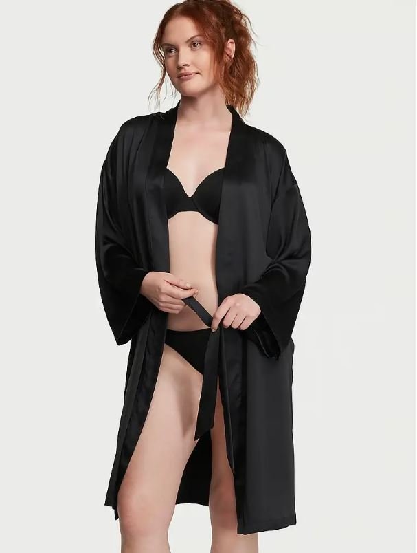 Черный атласный халат Victoria's Secret Very Sexy Long Satin Kimono Robe, XS\S