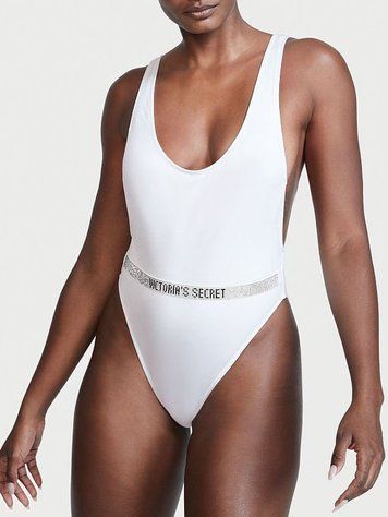 Білий суцільний купальник зі стразами Victoria's Secret Shine Strap One-piece, M