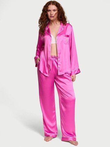 Рожева сатинова піжама Victoria's Secret The Satin Long PJ Set, XS