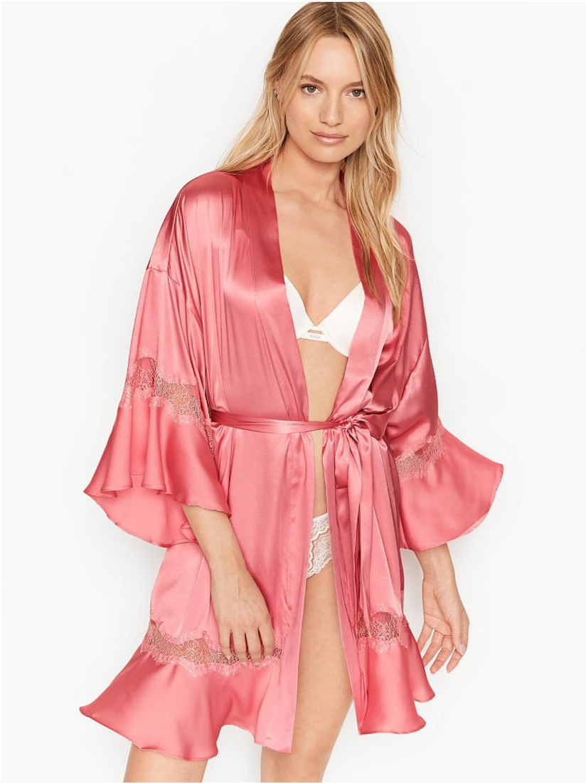 Розовый атласный халат с кружевными вставками Victoria's Secret Flounce Robe, XS\S