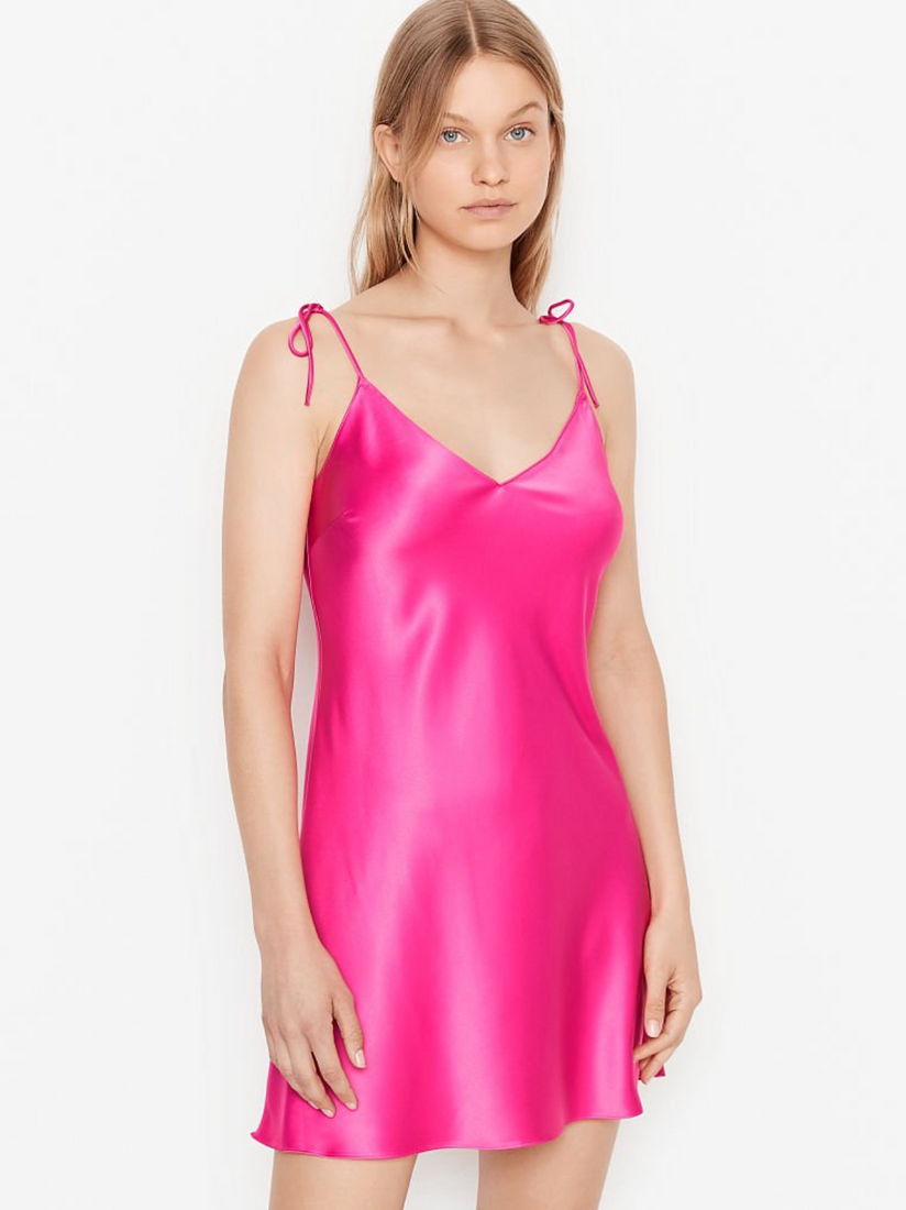 Розовый атласный пеньюар Victoria's Secret Tie-shoulder Mini Dress, S
