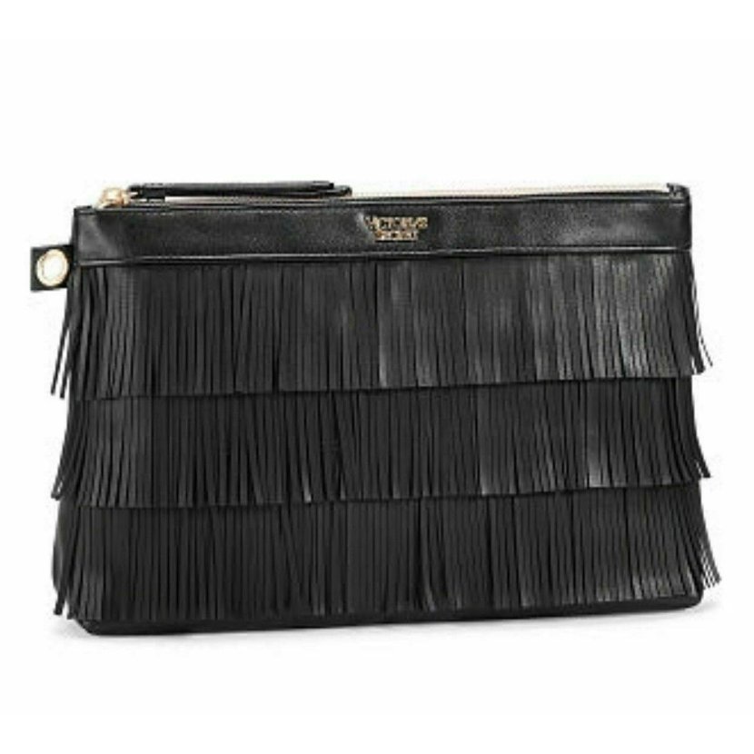 Черная косметичка с бахромой Victoria’s Secret Black The Fringe Night Out Set Clutch Wristlet Wallet Bag