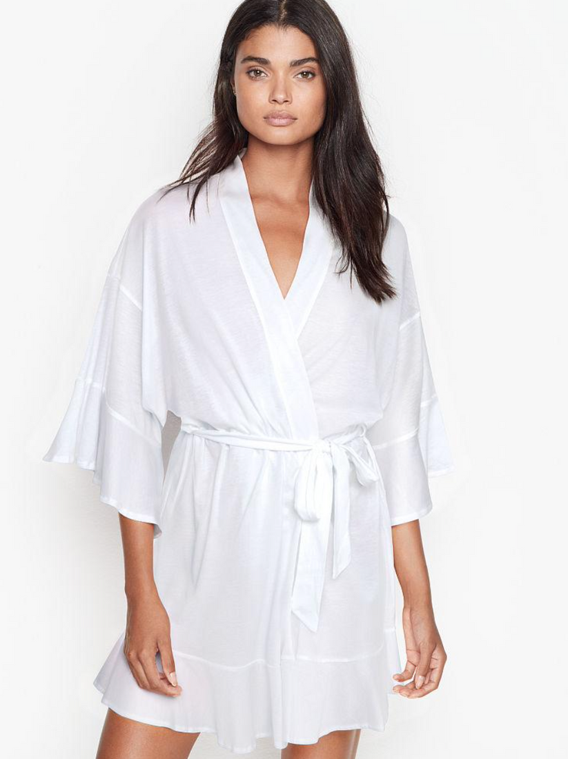 Белый халат с рюшами Victoria's Secret Pima Cotton Ruffle Robe, XS\S