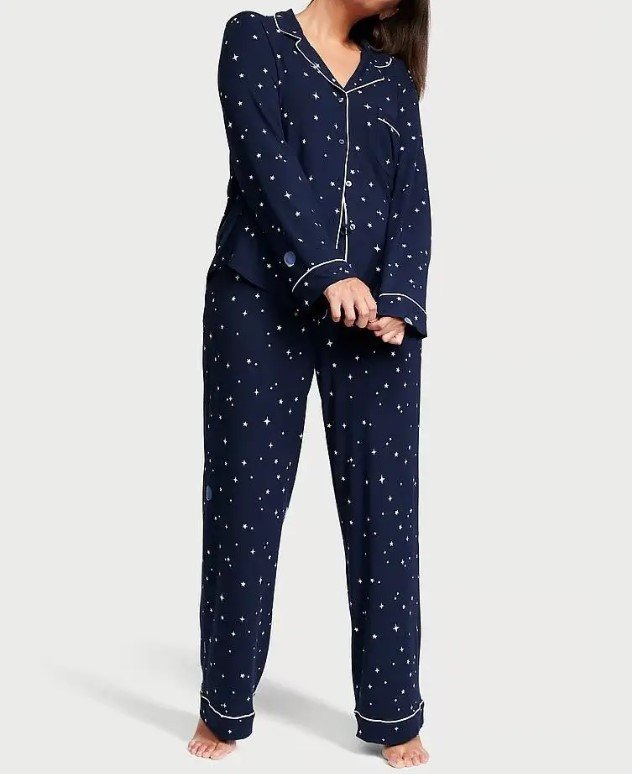 Синяя коттоновая пижама Victoria's Secret Cotton Long PJ Set в клетку, XS