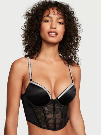 Черное кружевное бюстье со стразами Victoria's Secret Lace Shine Strap Push-up Bra Top, 34A