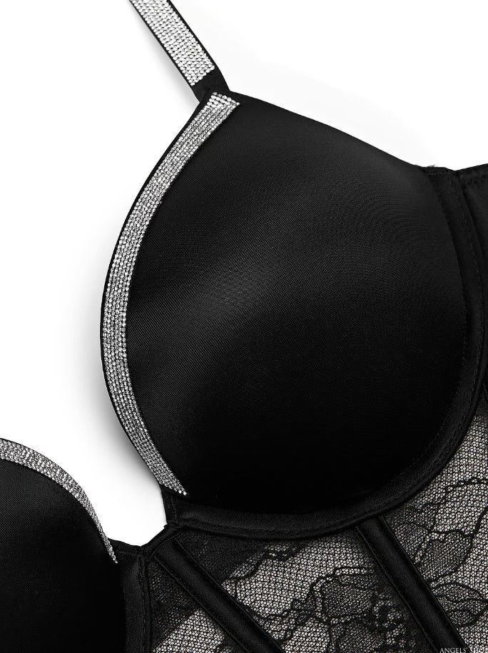 Чорне мереживне бюстьє зі стразами Victoria's Secret Lace Shine Strap Push-up Bra Top, 34A