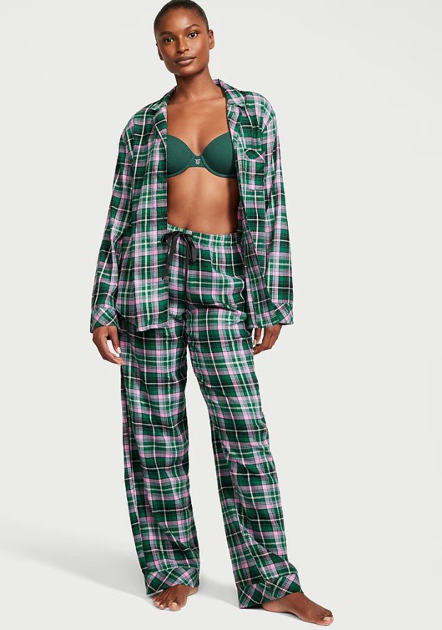 Зеленая коттоновая пижама Victoria's Secret Cotton Long PJ Set в клетку, S