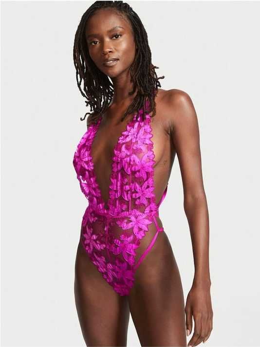 Розовое кружевное боди Victoria's Secret Floral Embroidered Plunge