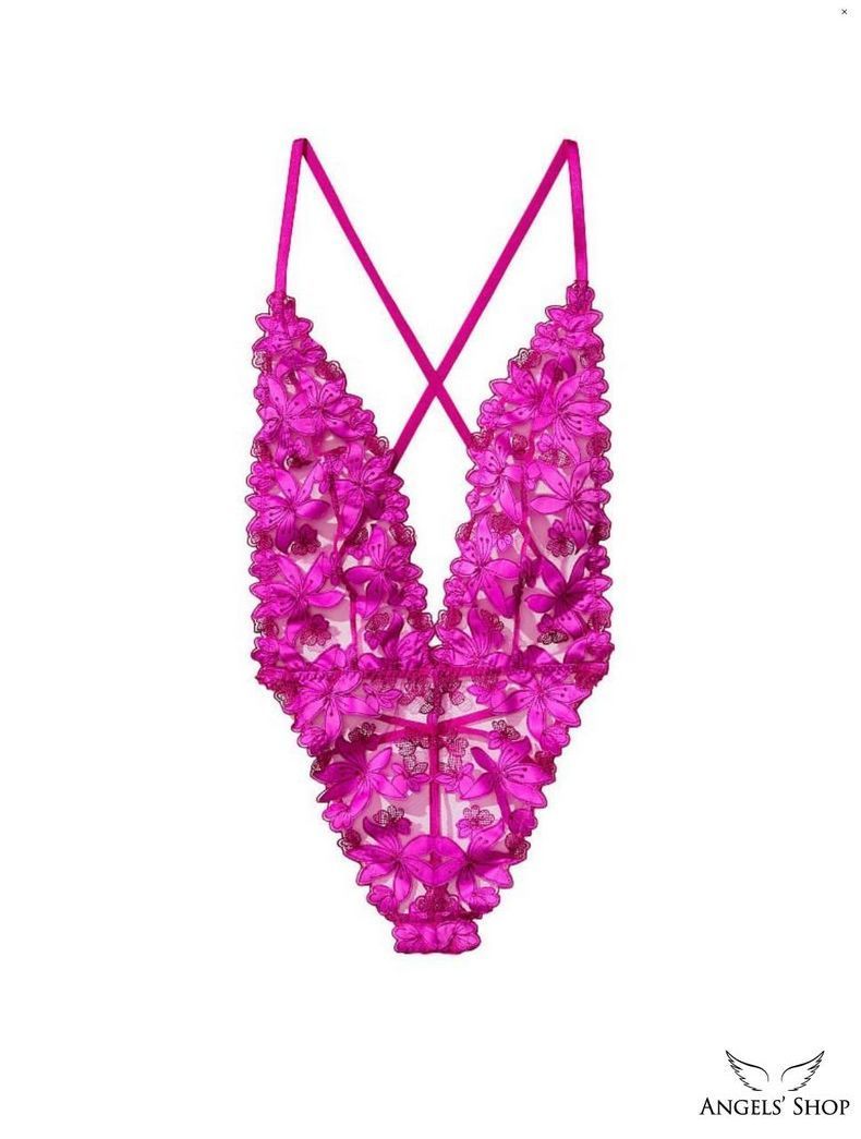 Розовое кружевное боди Victoria's Secret Floral Embroidered Plunge Teddy, XS