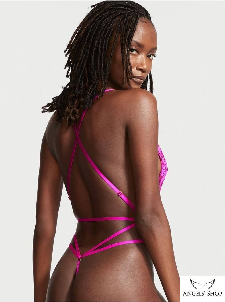 Розовое кружевное боди Victoria's Secret Floral Embroidered Plunge Teddy, XS