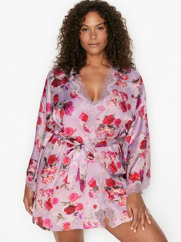 Фиолетовый сатиновый халат с цветами Victoria's Secret Satin & Lace Robe, XS\S