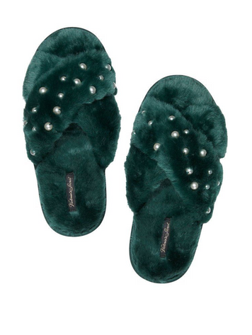 Зеленые домашние тапочки с жемчужинами Victoria’s Secret Crisscross Faux Fur Slides, S