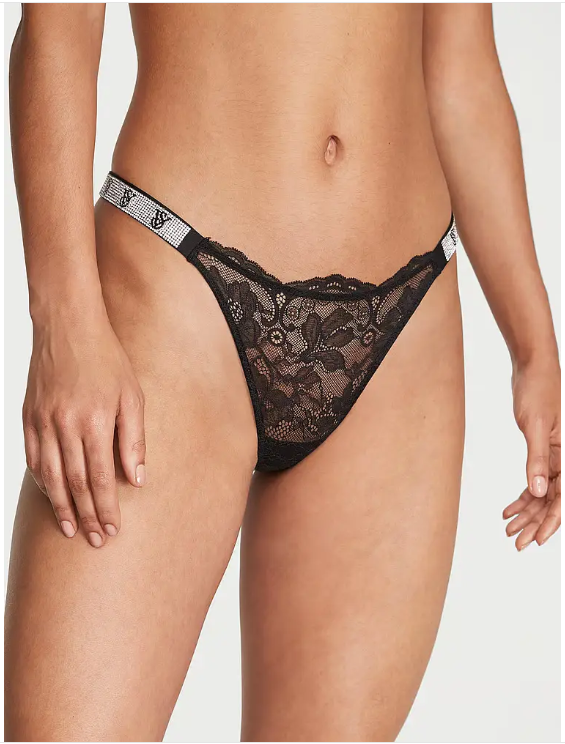 Женские черные трусики со стразами Victoria's Secret Bombshell Shine V-string Panty, XS