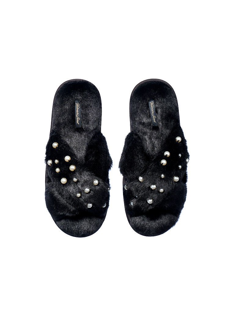 Чорні домашні тапочки з перлинами Victoria’s Secret Crisscross Faux Fur Slides, M