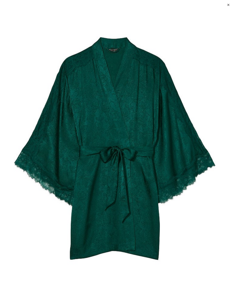 Зеленый атласный халат с кружевом Victoria's Secret Jacquard Flounce Robe, XS\S