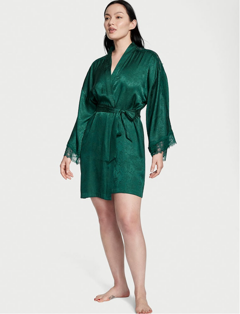Зелений атласний халат з мереживом Victoria's Secret Jacquard Flounce Robe, XS\S