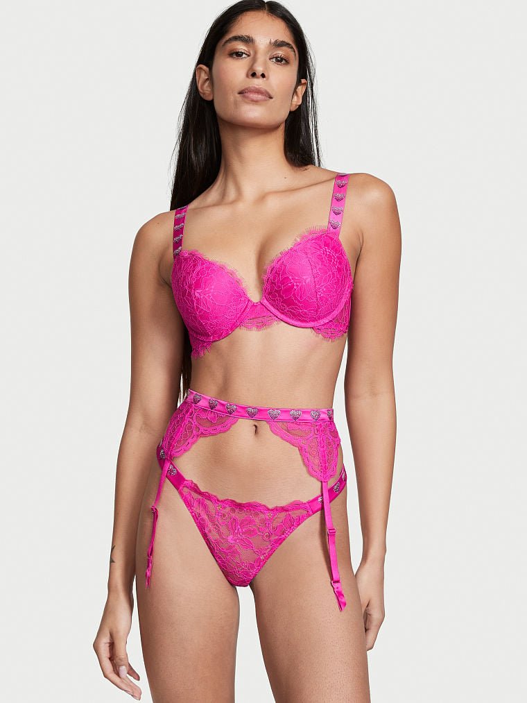Розовый кружевной пояс для чулок Victoria's Secret Floral Lace Garter Belt, XS\S