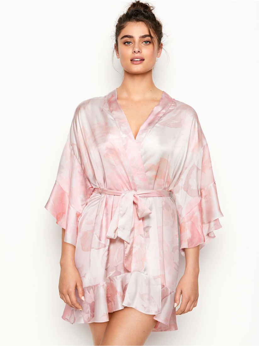 Розовый сатиновый халат Victoria's Secret Floral Satin Short Kimono, XS\S