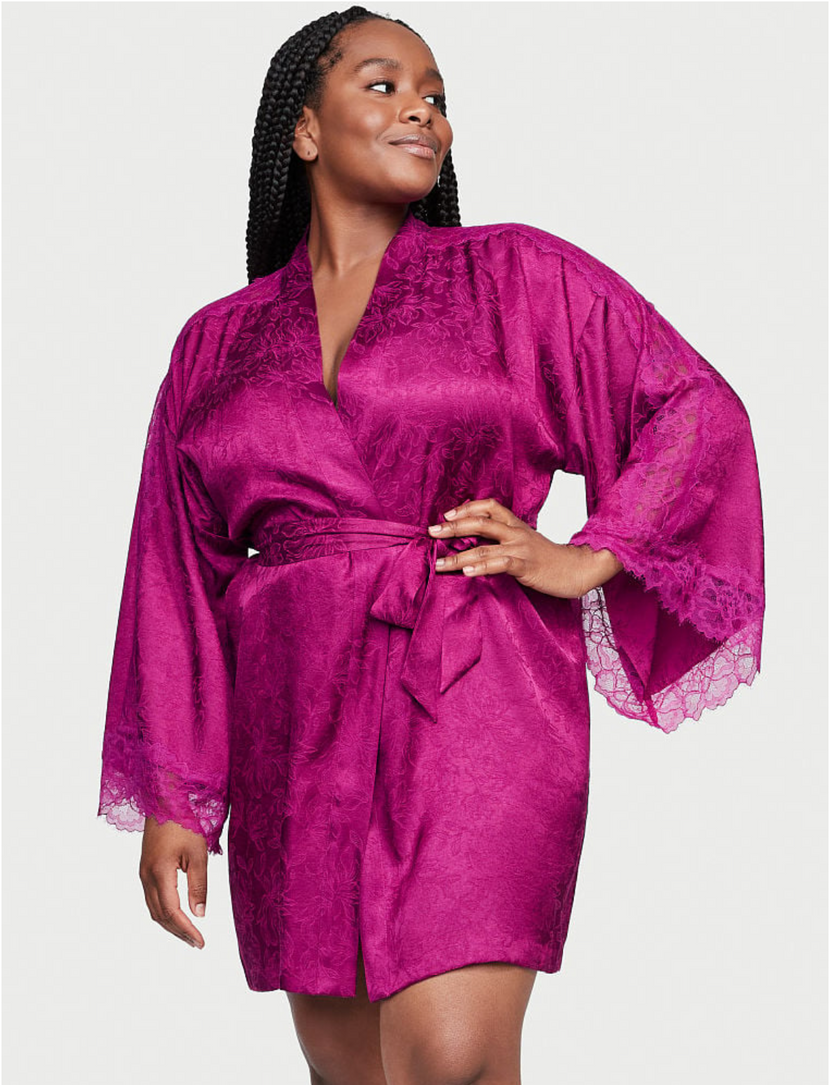 Атласний халат фуксія з мереживом Victoria's Secret Jacquard Flounce Robe, XS\S