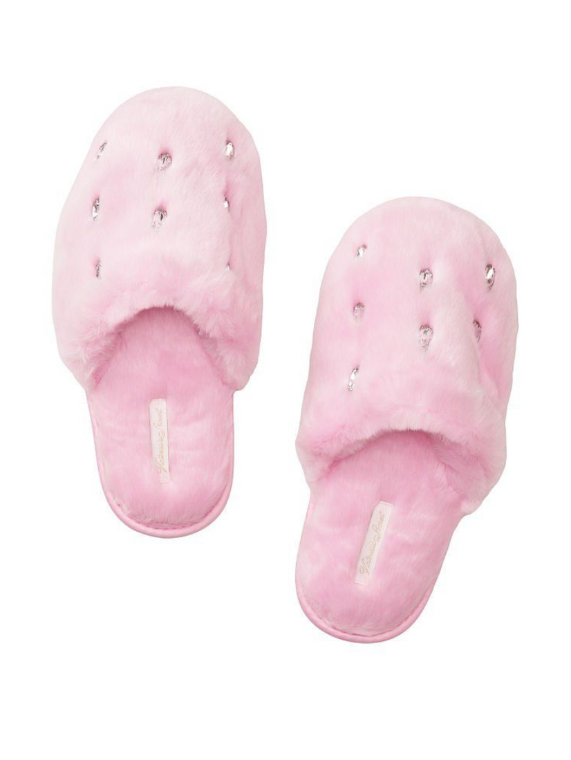 Рожеві домашні тапочки з камінцями Victoria’s Secret Closed Toe Faux Fur Slipper, S