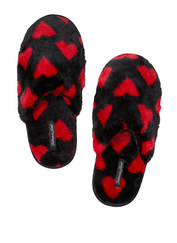 Черные домашние тапочки с сердечками Victoria’s Secret Closed Toe Faux Fur Slipper, S