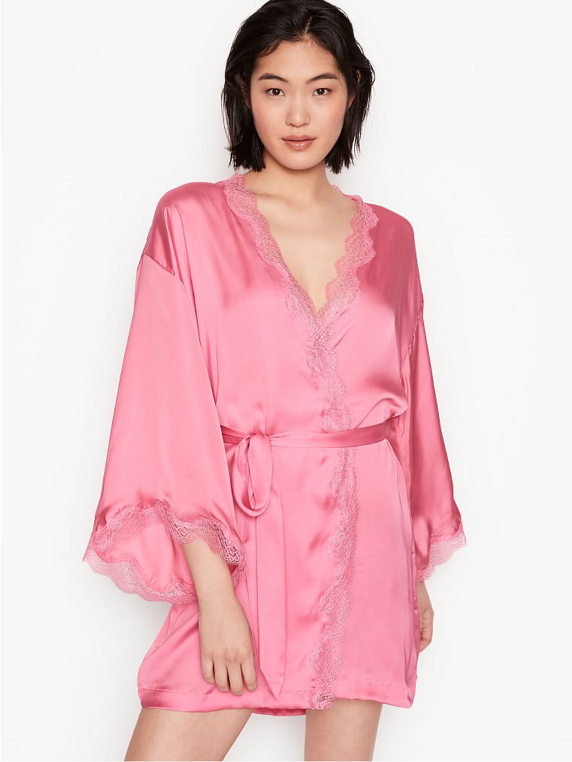 Розовый сатиновый халат Victoria's Secret Satin & Lace Robe, XS\S