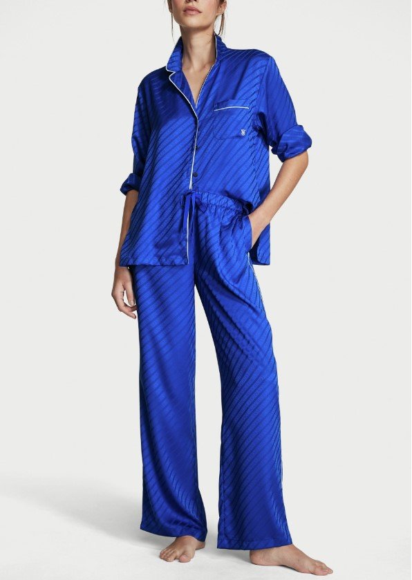 Синяя сатиновая пижама Victoria's Secret Stretch Satin Lace Back Cami Set, S
