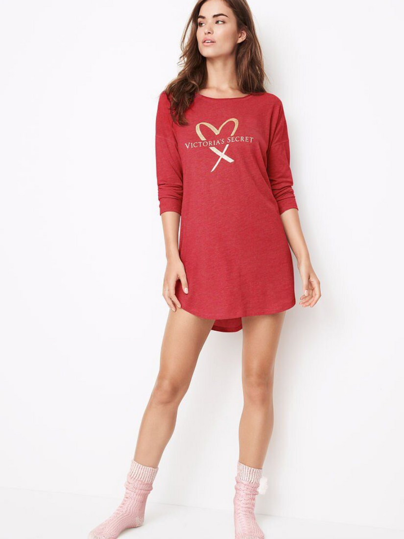 Красная ночная рубашка с логотипом Victoria's Secret Long Sleeve Sleep Shirt, S