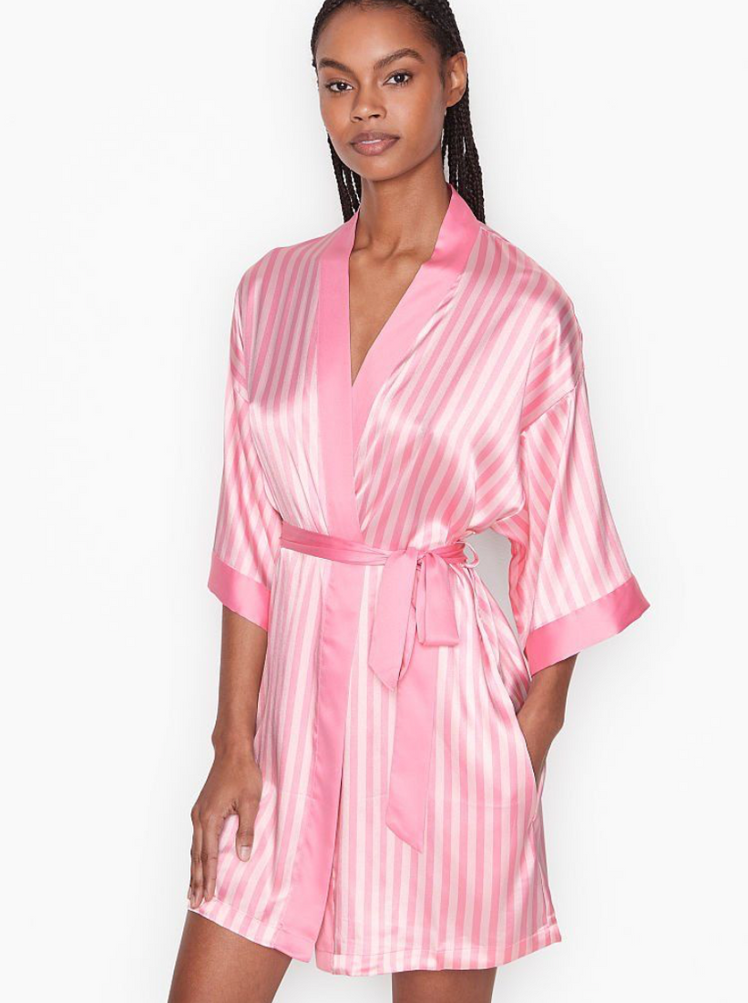 Розовый атласный халат в полоску Victoria's Secret Flounce Robe, M\L