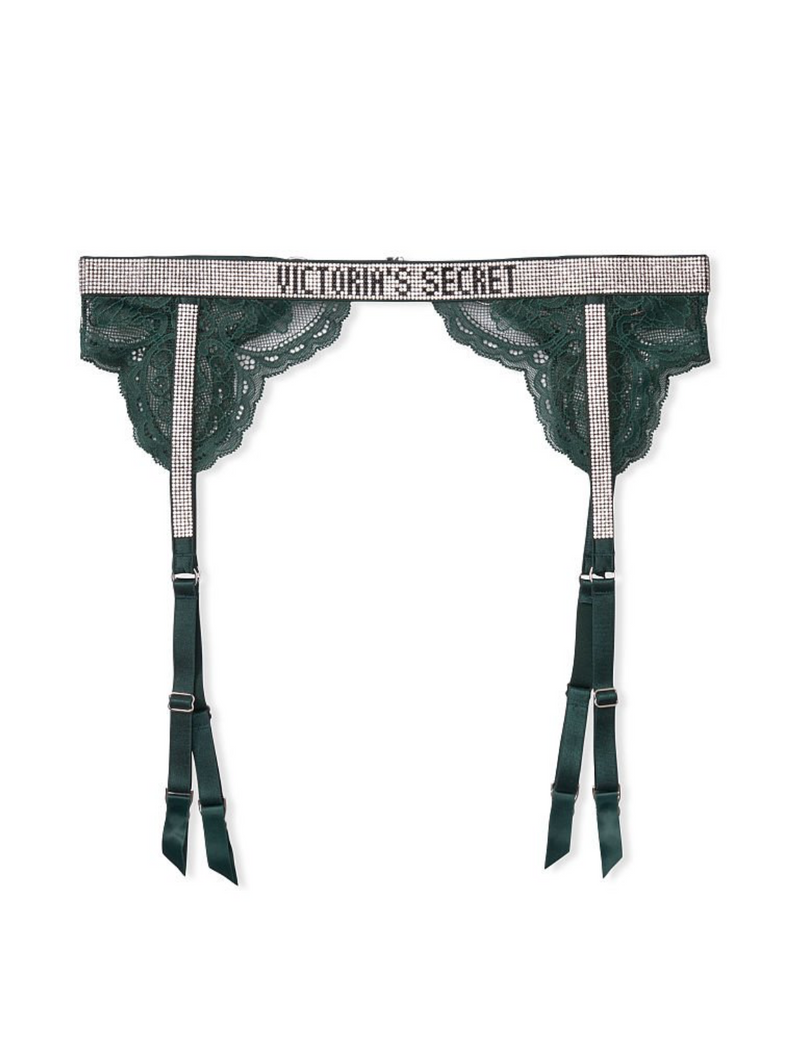 Зеленый кружевной пояс со стразами Victoria's Secret Shine Strap Lace Garter Belt, XS\S