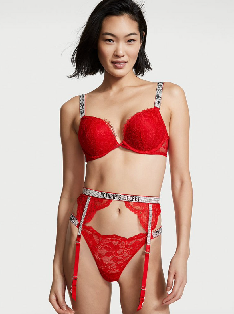 Красный кружевной пояс со стразами Victoria's Secret Shine Strap Lace Garter Belt, XS\S