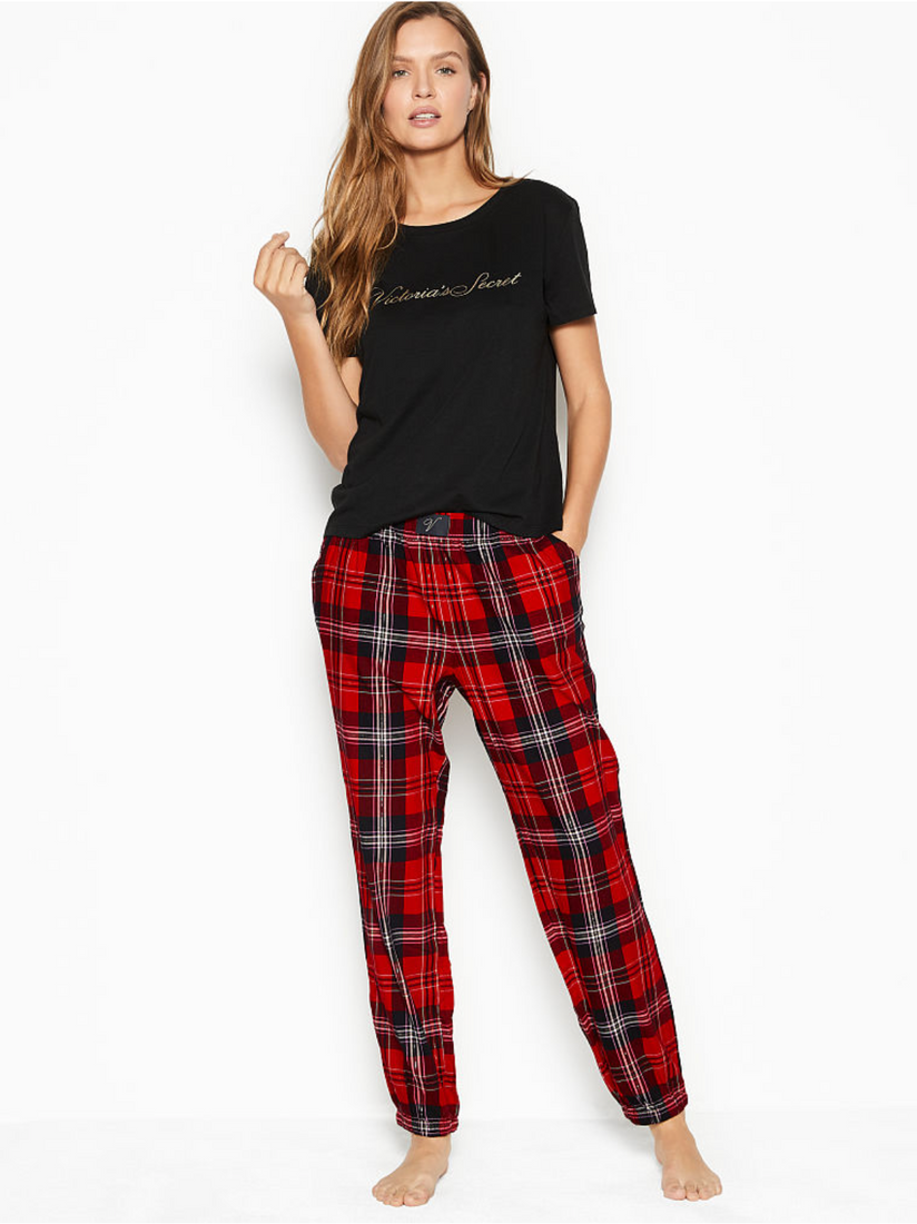 Пижама футболка с фланелевыми штанами Виктория Сикрет Cotton & Flannel Long Lounge PJs, XS
