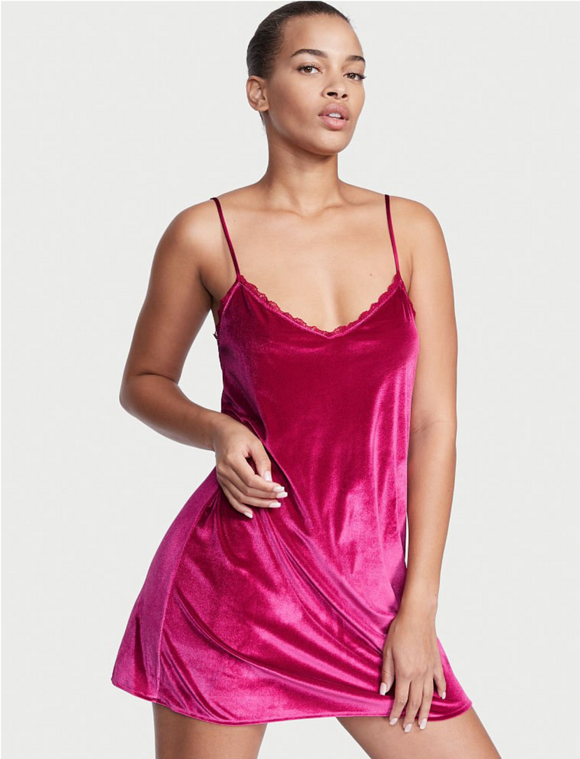 Розовый бархатный пеньюар Victoria's Secret Velvet V-Neck Slip, S