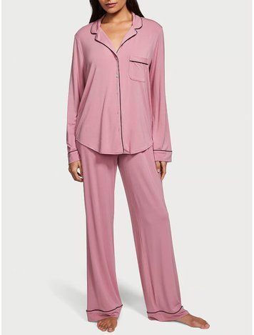 Піжама рожева Victoria's Secret Modal Long Pajama Set, Pink with Black Edging