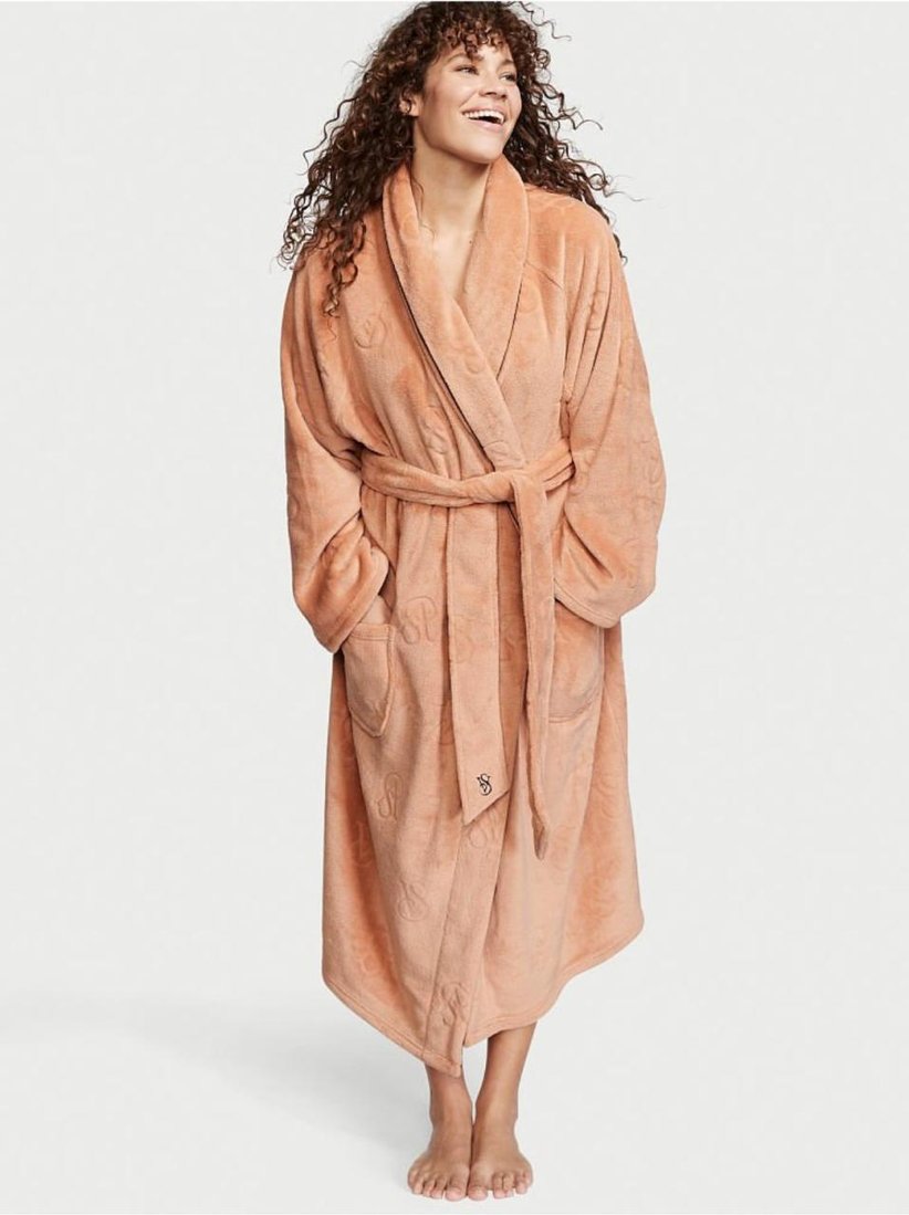 Бежевый плюшевый халат Victoria's Secret Plush Long Robe, XS\S