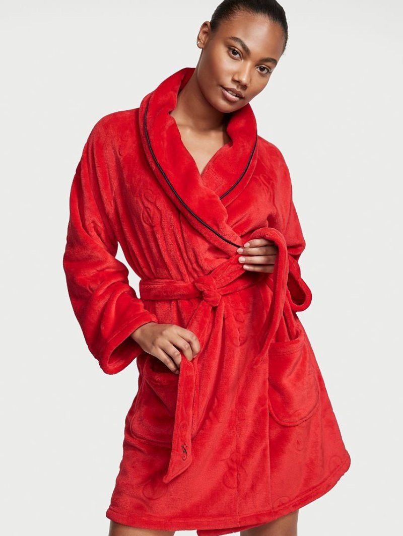Красный плюшевый халат Victoria’s Secret Logo Short Cozy Robe, XS\S
