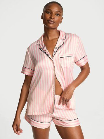 Рожева сатинова піжама в смужку Signature Satin Short Pajama Set Victoria's Secret в смужку